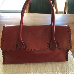 Red Leather Handbag. Tano New York. Approx.15" x 9.5".